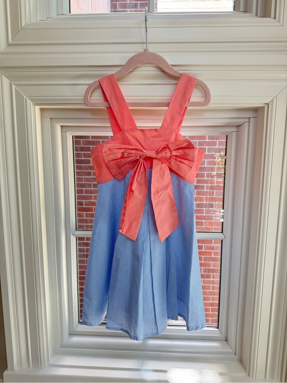 Girls Coral Bow-Front Blue Stripe Sundress